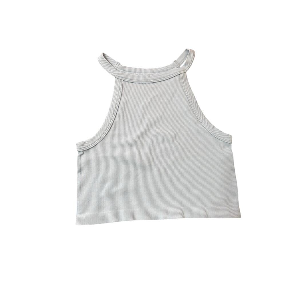 PAC Cares Women’s Ribbed High Neck Crop Tank Top Size S Light Blue Basics